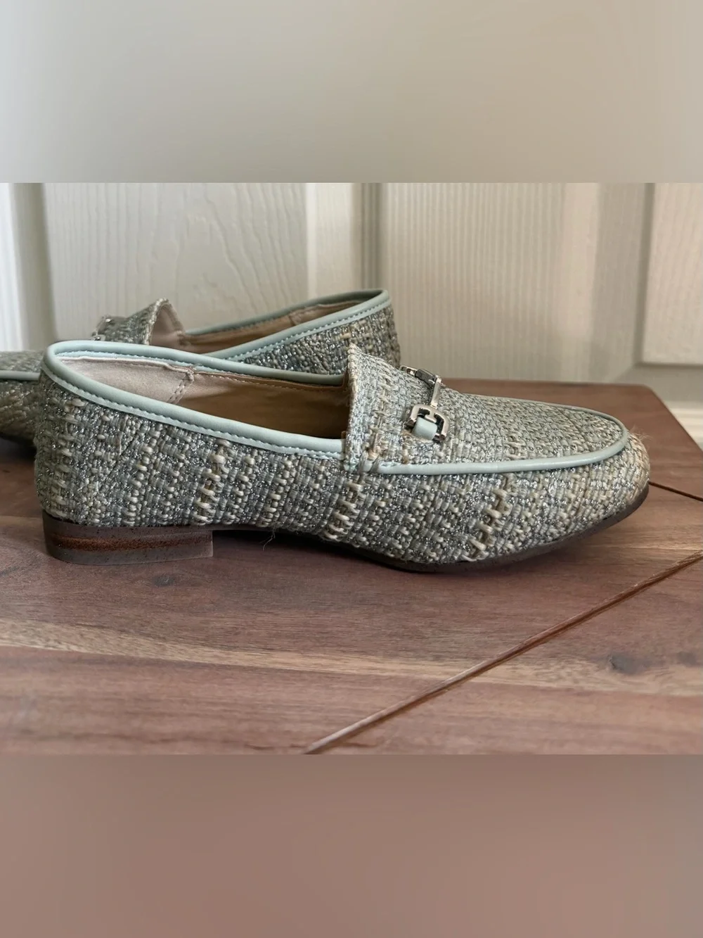 Girls Sam Edelman Tweed Loafers in Light Sage and Cream